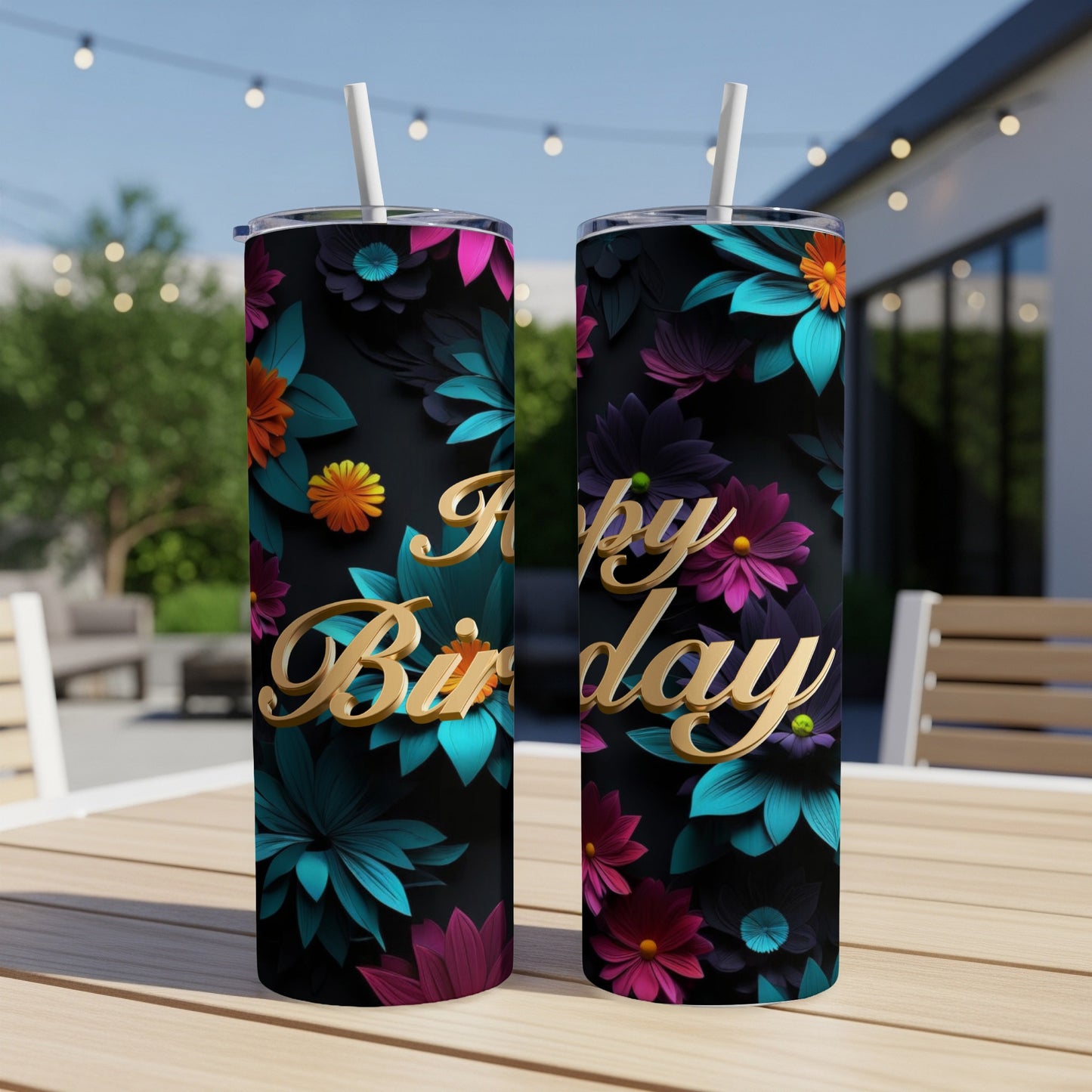 Black skinny tumbler with floral design and gold "Happy Birthday" text.