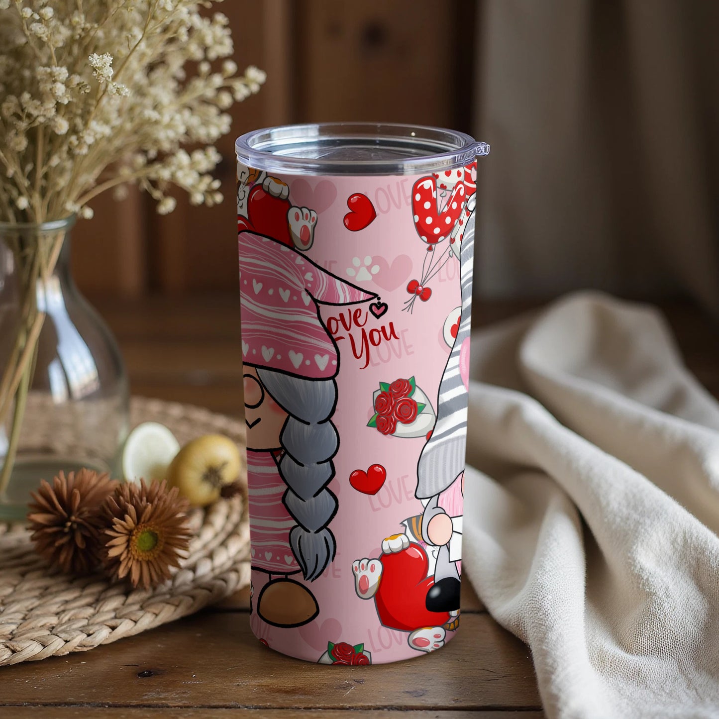Cute Love Themed Tumbler with Gnome Design