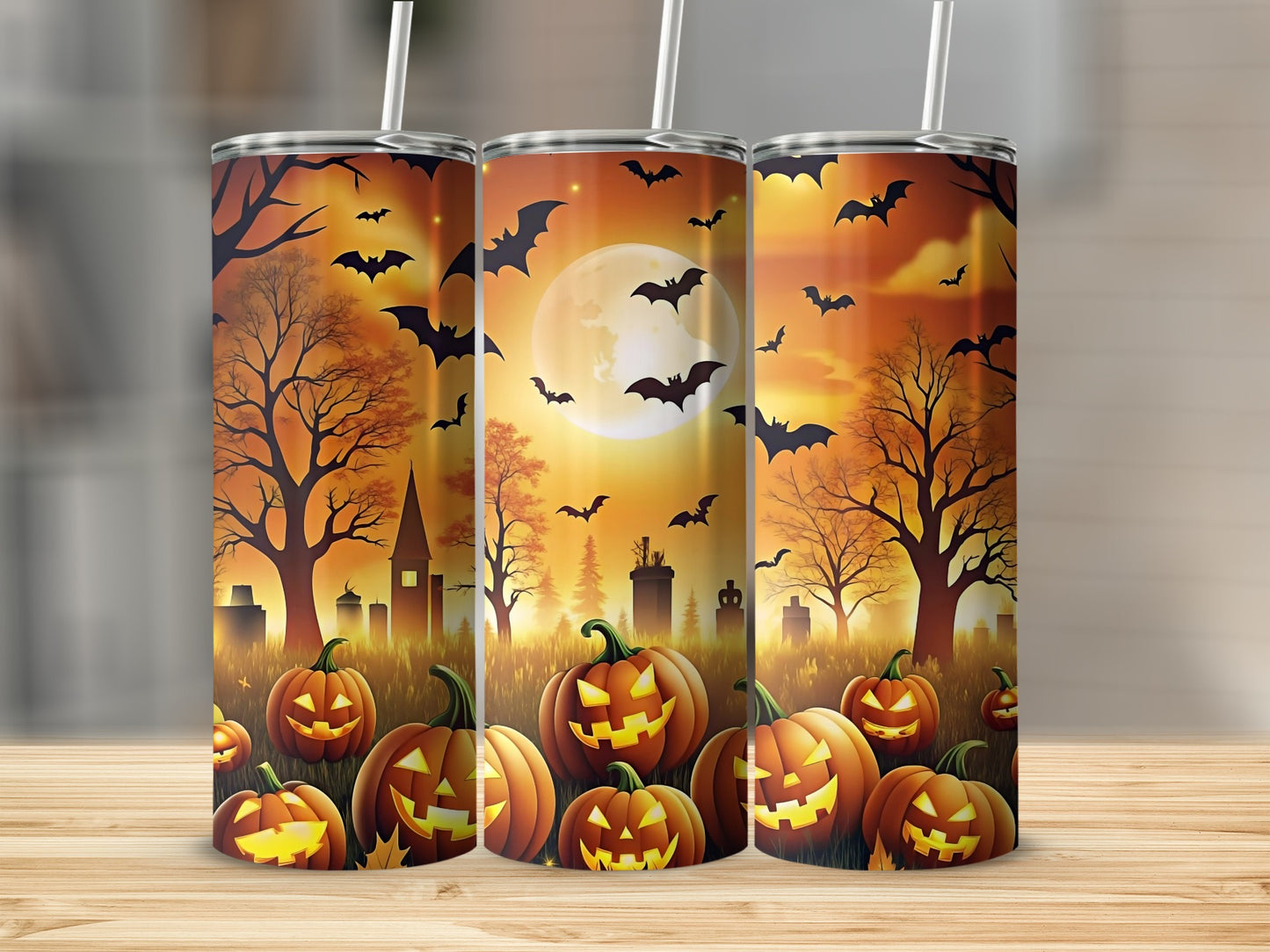 Halloween scene with pumpkins, bats, and a spooky graveyard under a full moon.