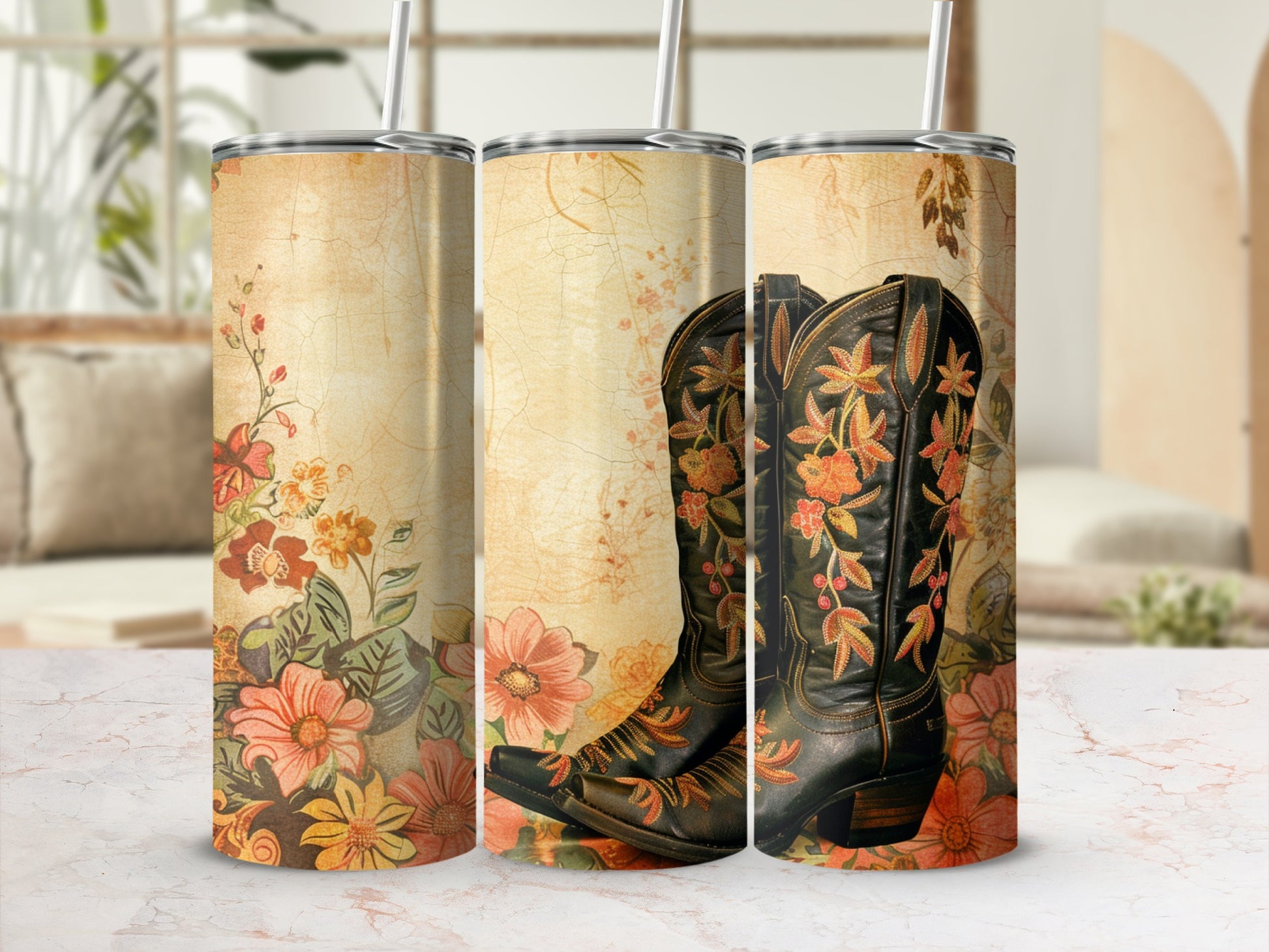 Cowboy boots with floral embroidery on a textured background.