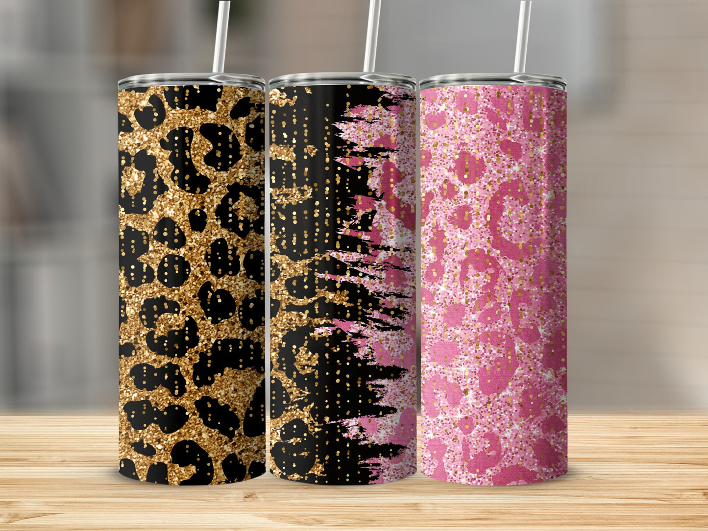 Glitter Leopard Print Tumblers Set of Three Tumblers
