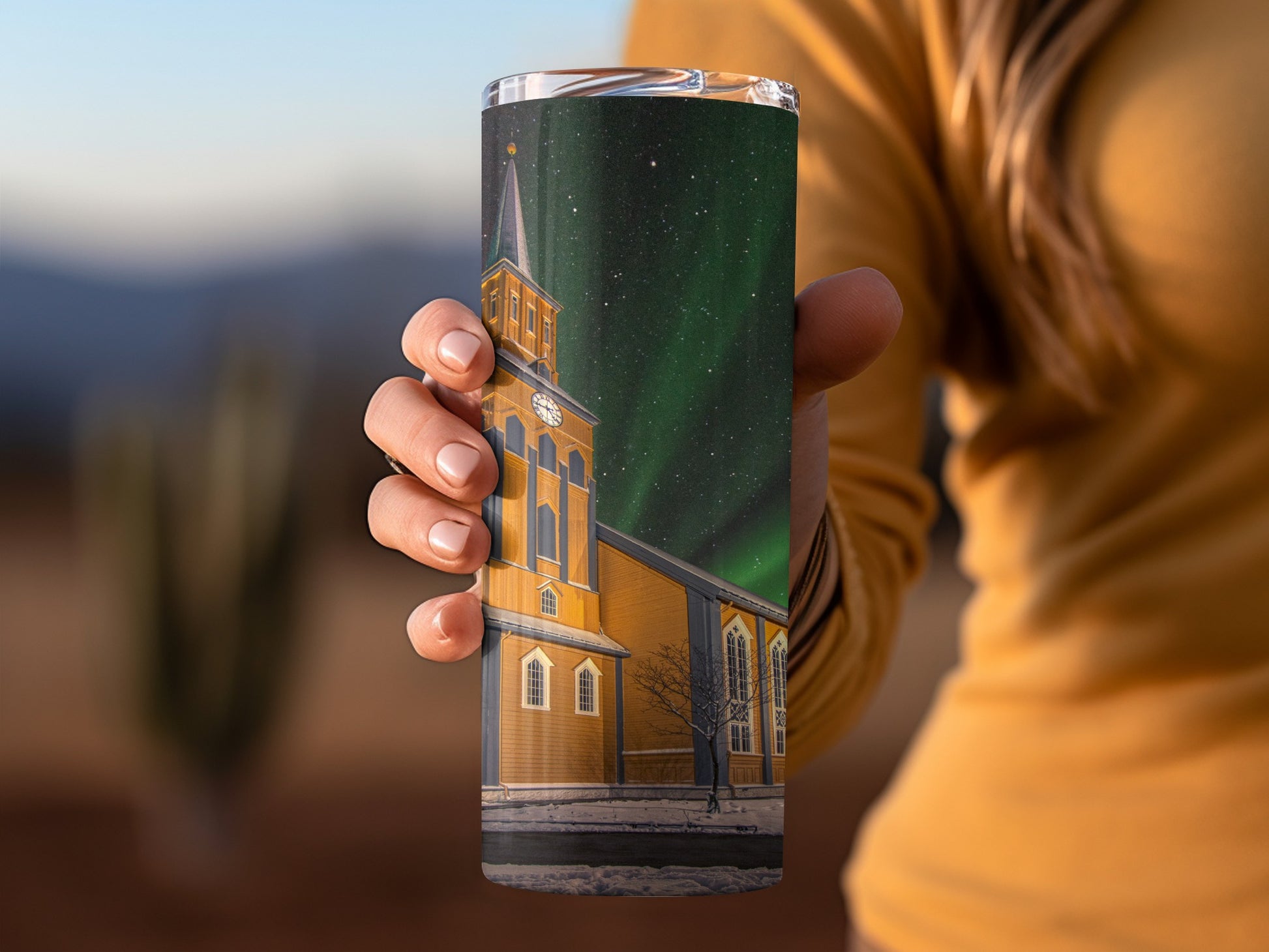 Northern Lights Church Scene Tumbler Travel Cup
