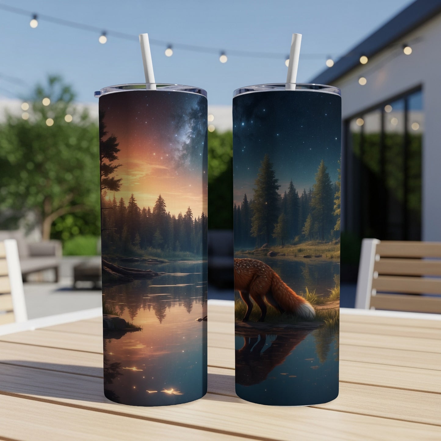 Two tumblers featuring a fox by a lake at sunset and a starry night.