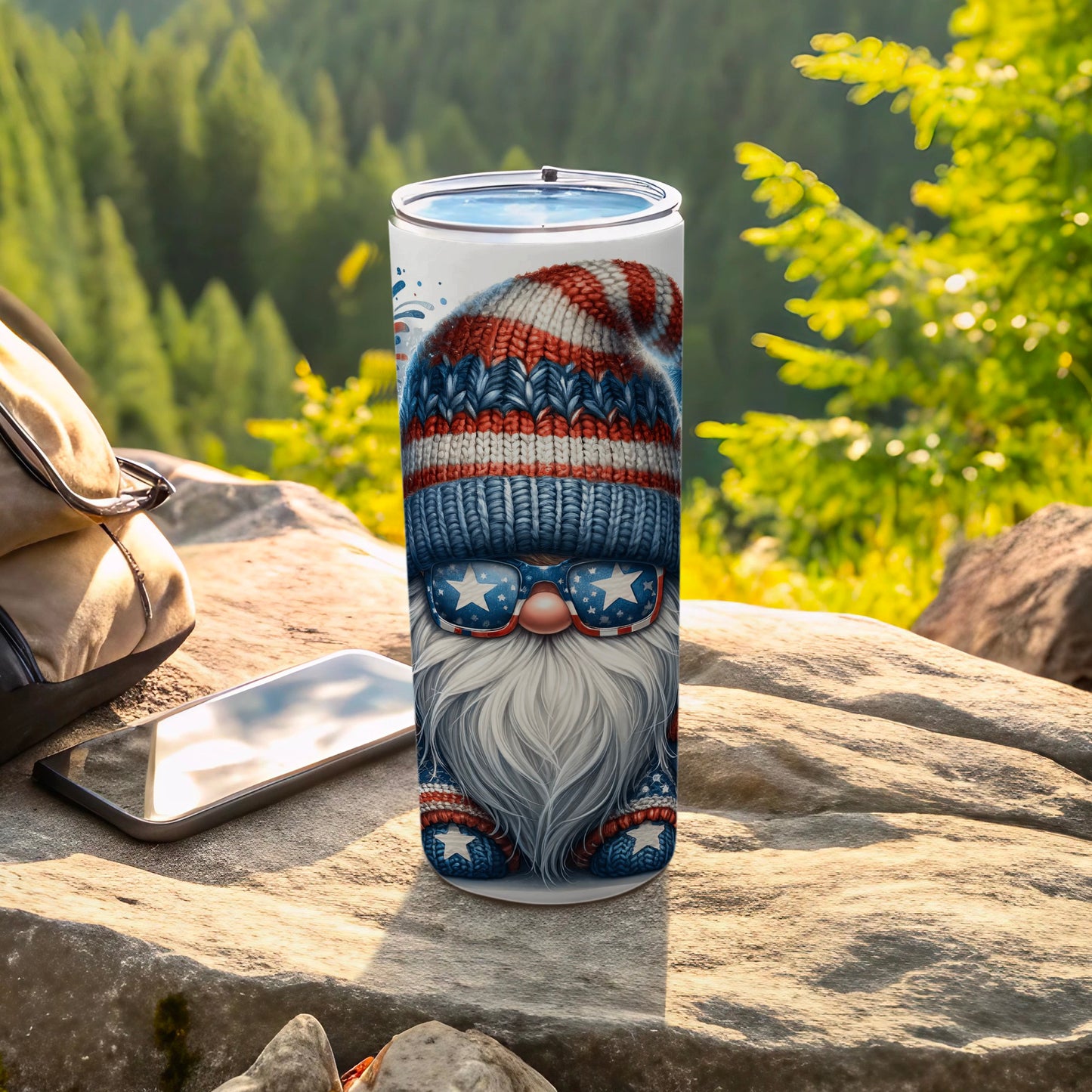 Patriotic gnome tumbler with stars and stripes hat and sunglasses.