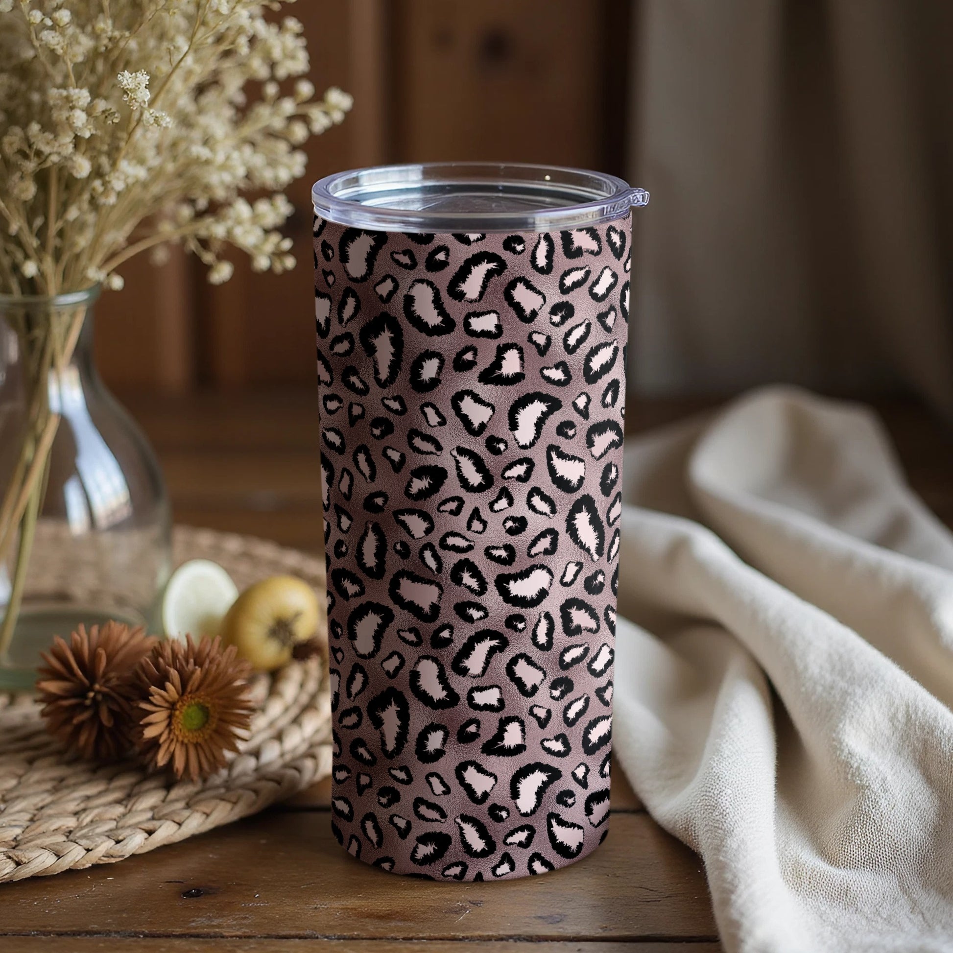 Leopard Print Tumbler with Floral Background Design