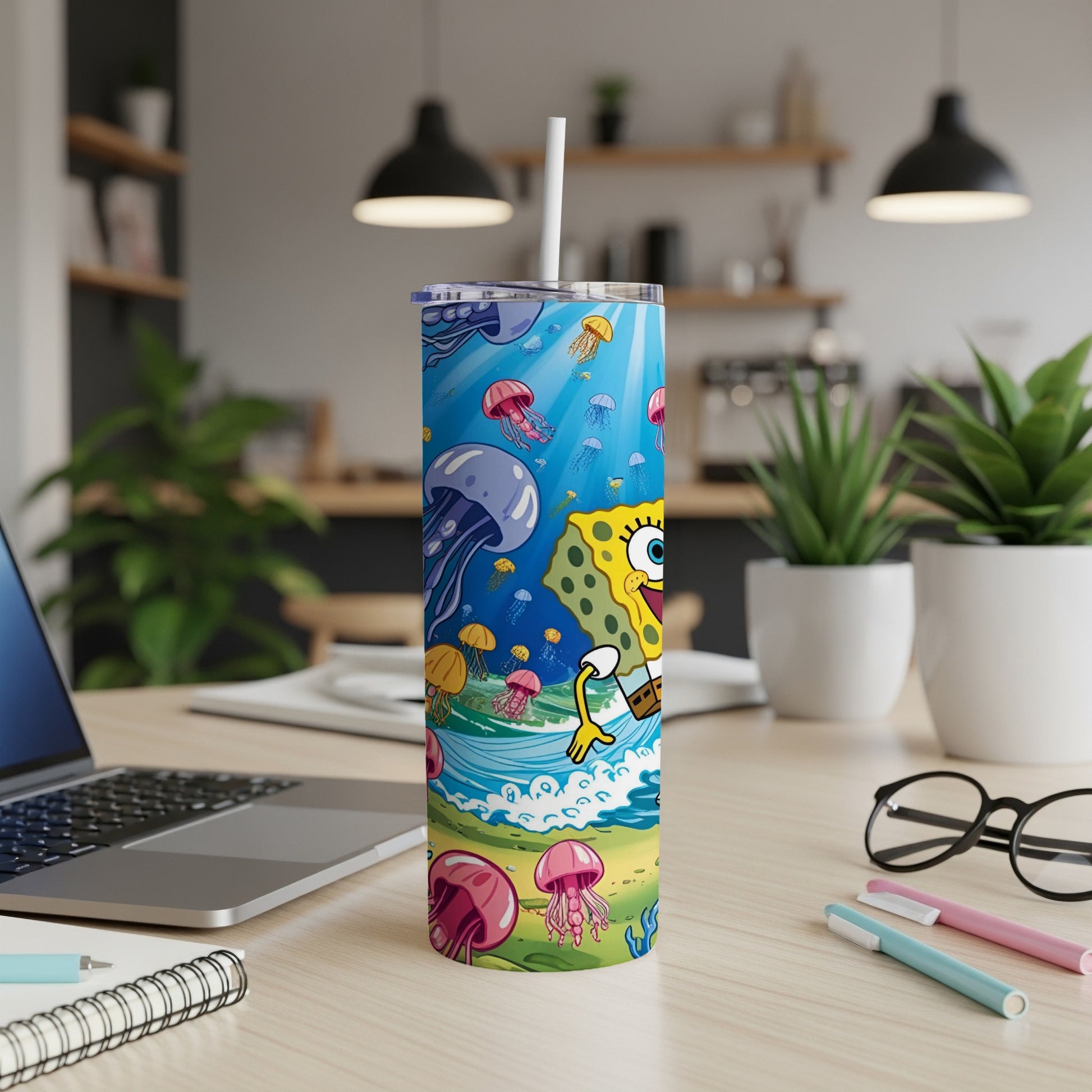 SpongeBob SquarePants character with jellyfish and waves on a tumbler.