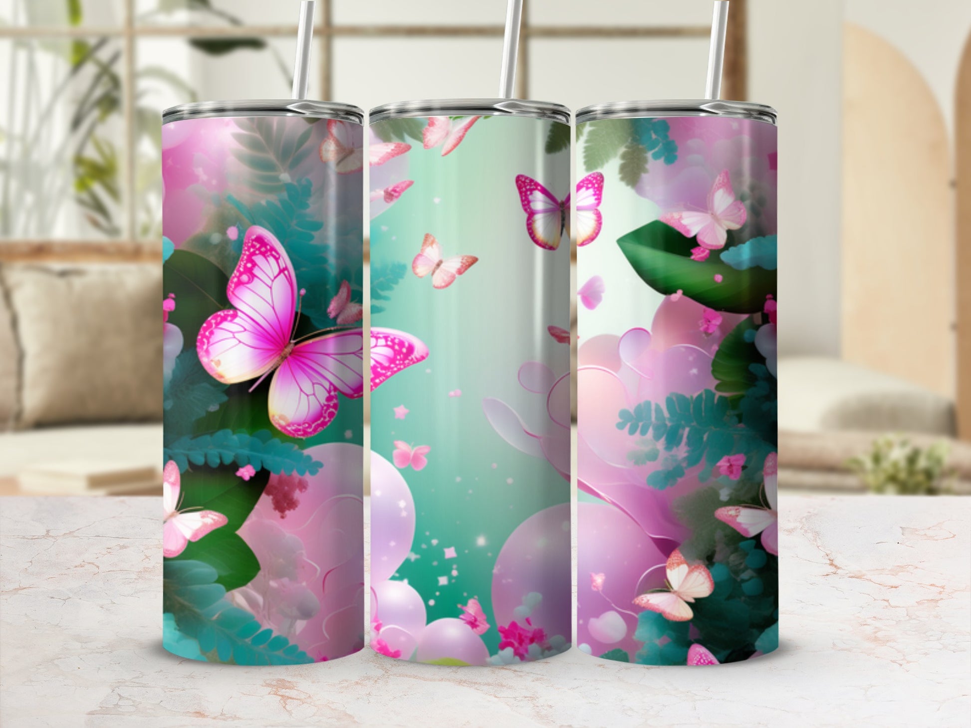 Pink butterflies and green foliage on a gradient tumbler.