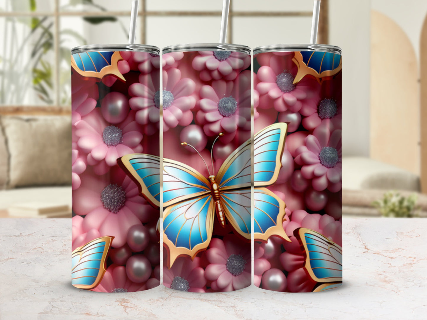 3D rendering of a tumbler featuring a blue butterfly and pink flowers.