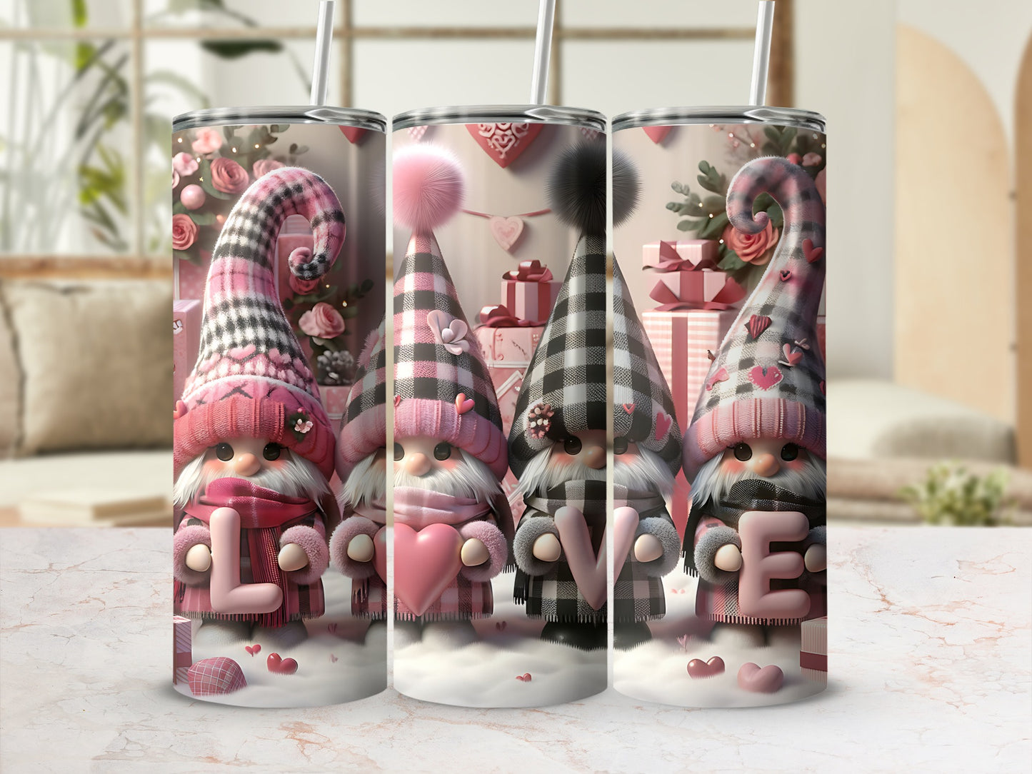 Four gnomes holding hearts spelling "LOVE" with Valentine's Day themed patterns.