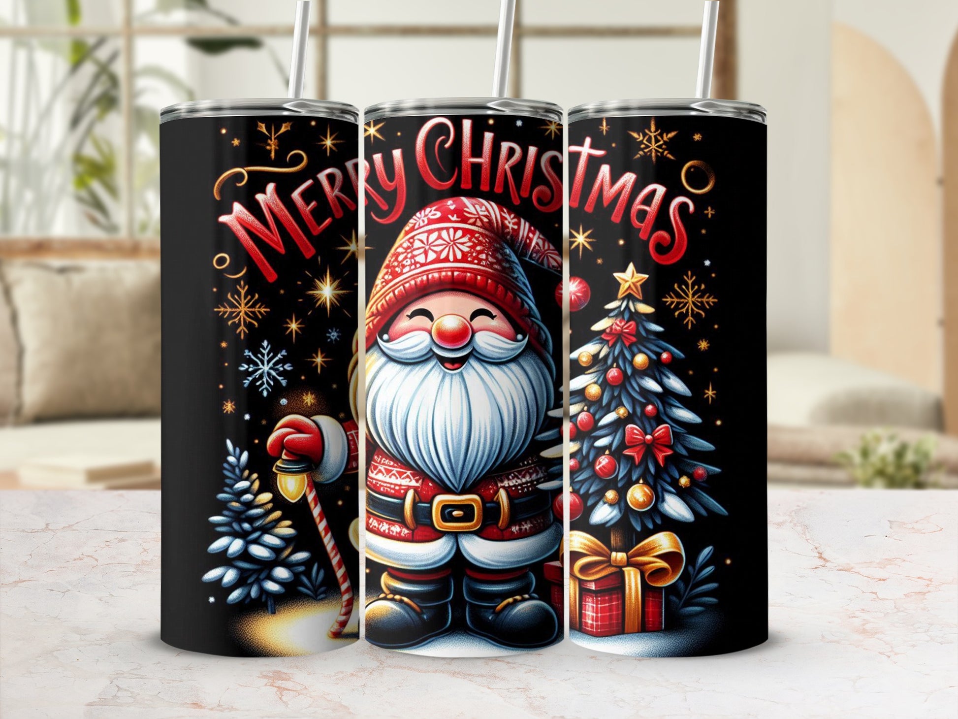 Santa Claus with Christmas tree and presents on black background.