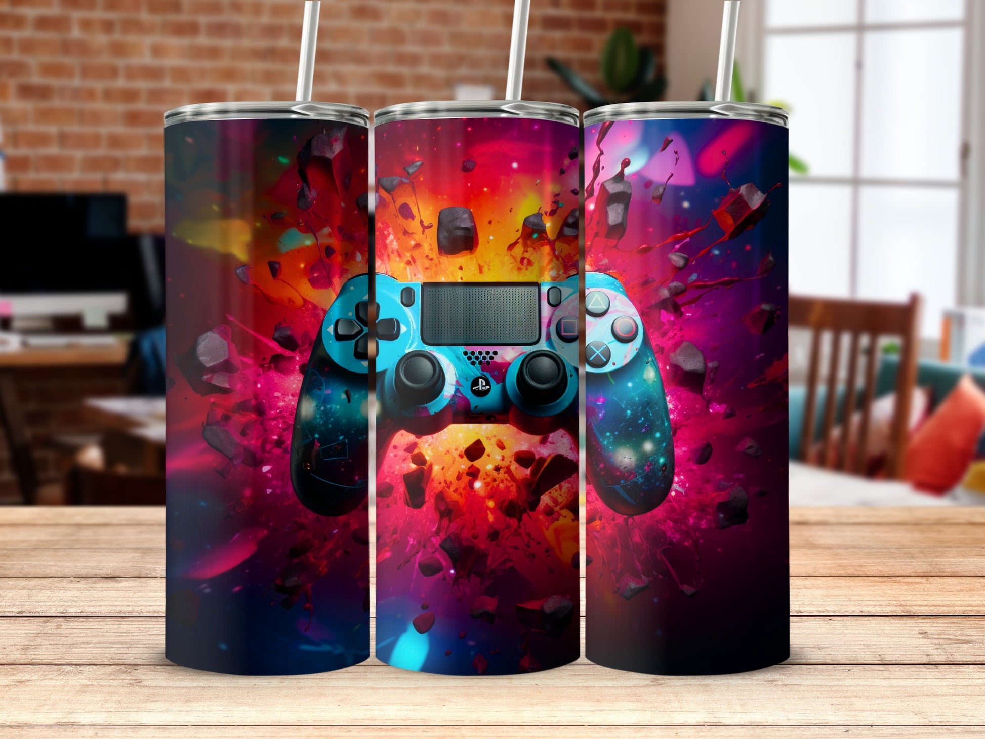 Vibrant Exploding Game Controller Tumbler Design