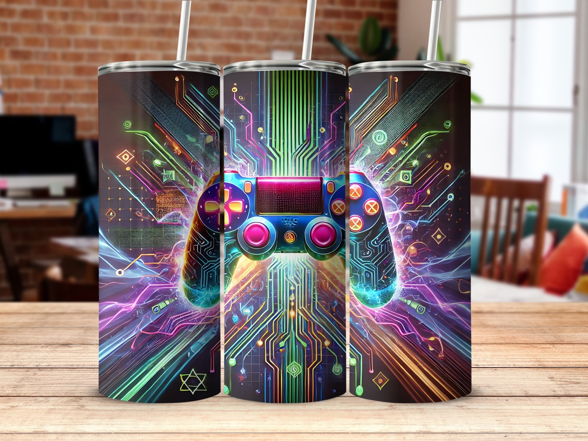 Futuristic Gaming Controller Neon Art Tumbler Product