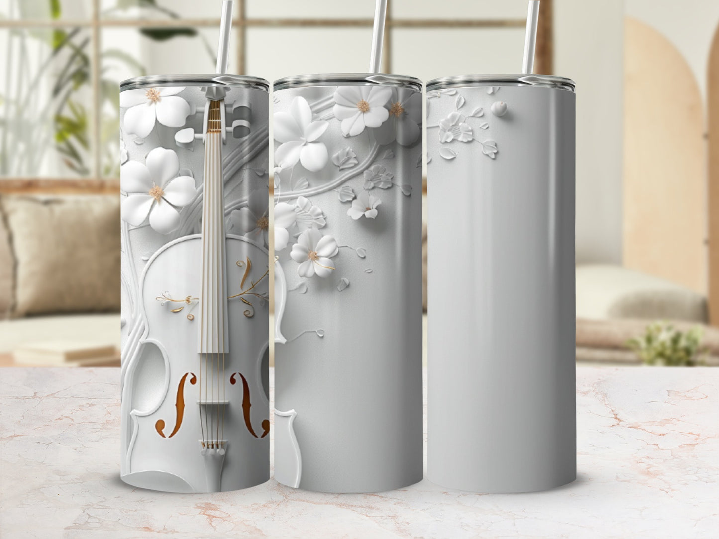 White tumbler with a 3D violin and floral design.