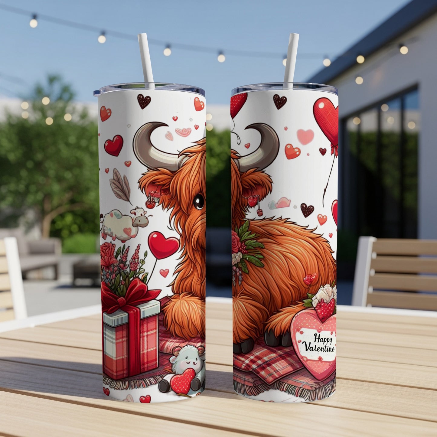 Highland cow wearing flowers with hearts, on a Valentine's Day themed tumbler.