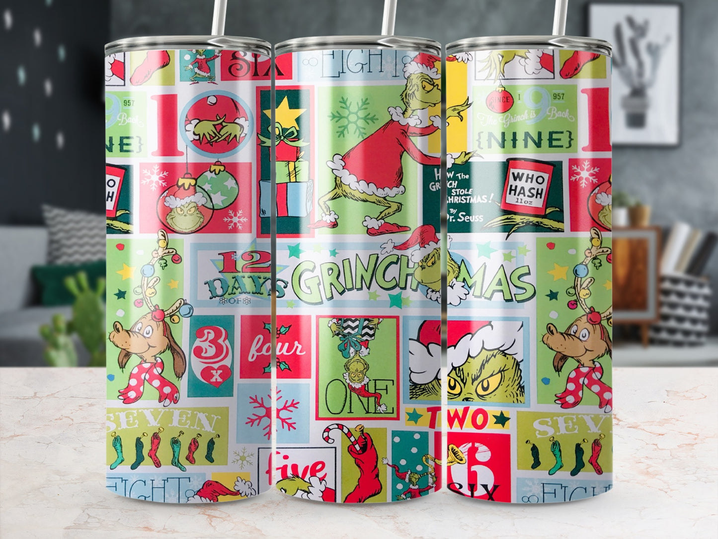 Grinchmas themed tumbler with festive characters and holiday numbers.