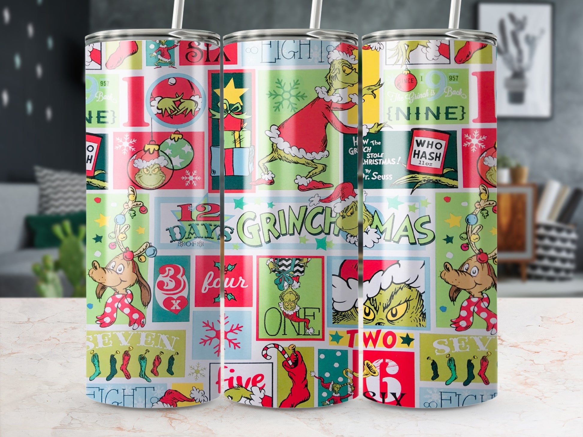 Grinchmas themed tumbler with festive characters and holiday numbers.