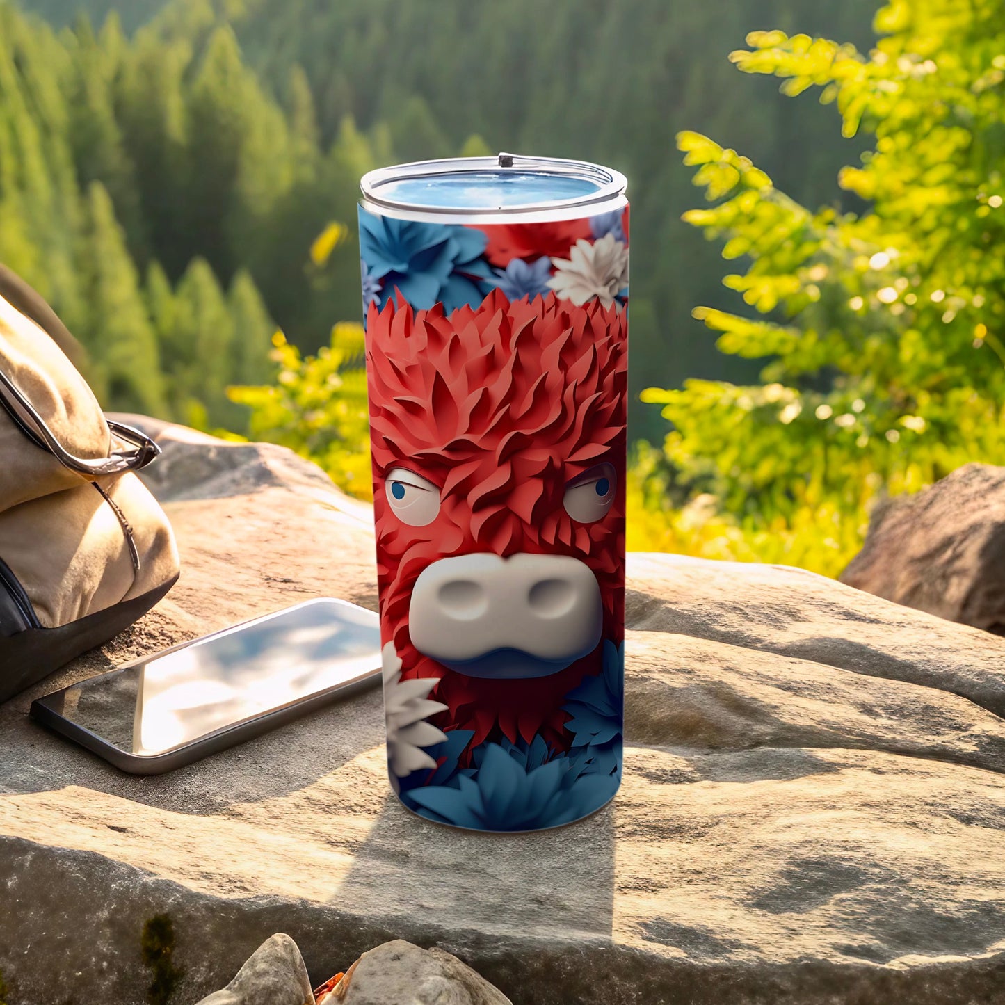 Red and blue floral monster tumbler on rocky surface next to phone and backpack.