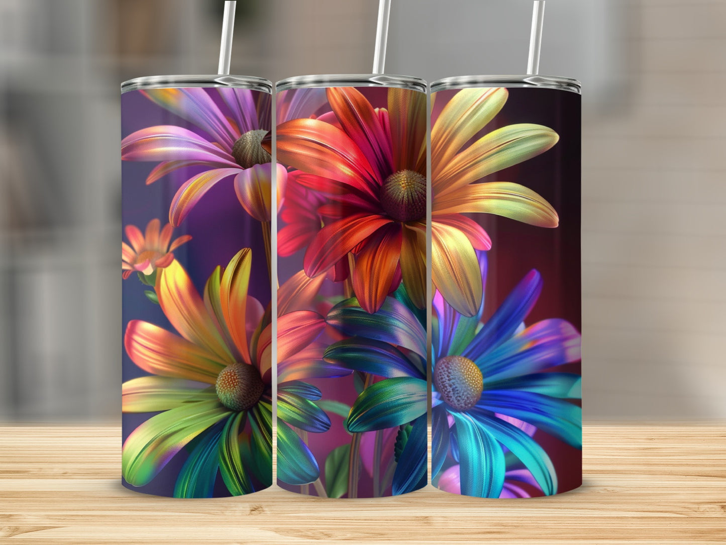 Colorful daisy flowers with vibrant petals on a wooden surface.