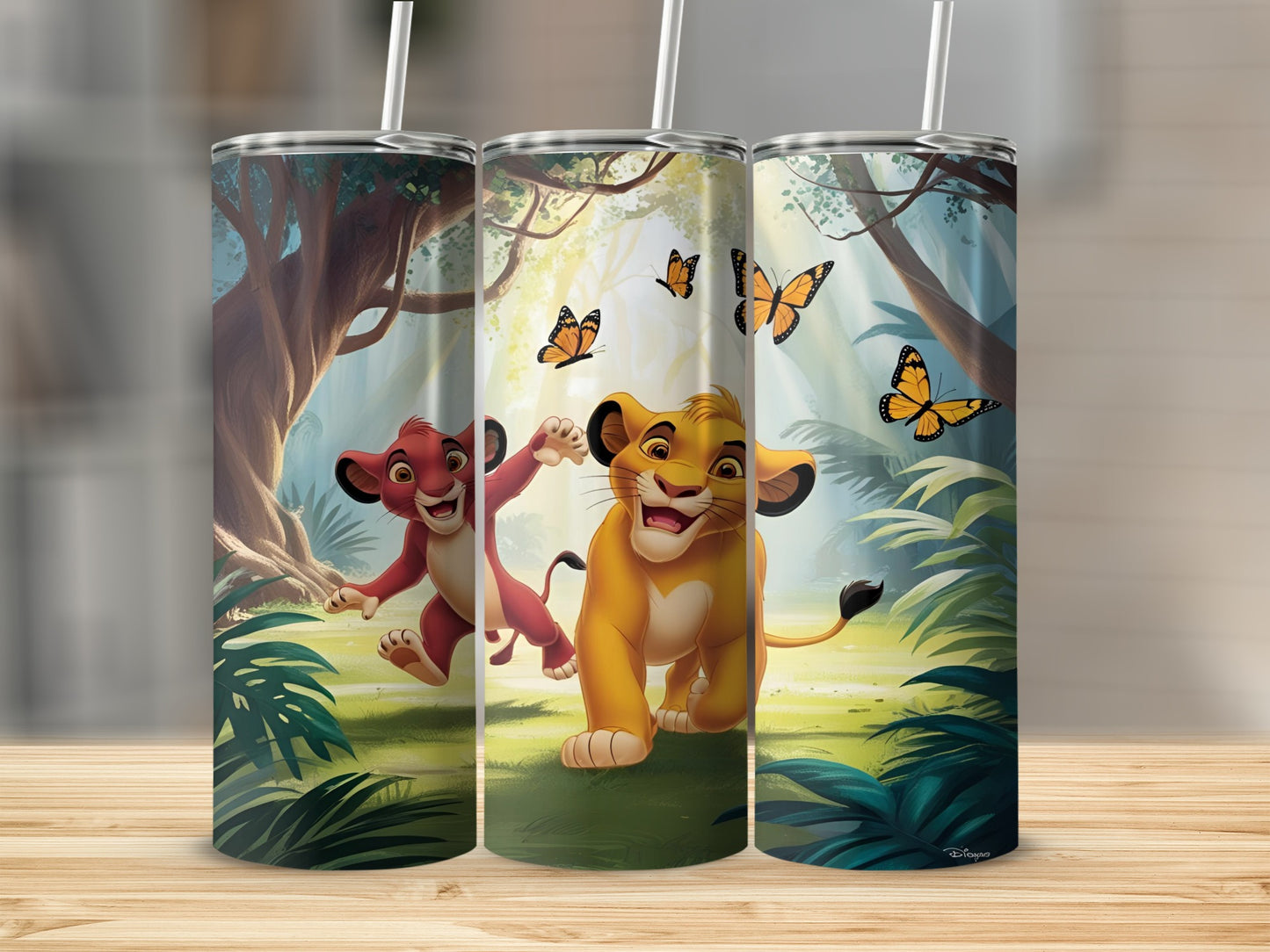 Simba and Nala from The Lion King running through a forest.