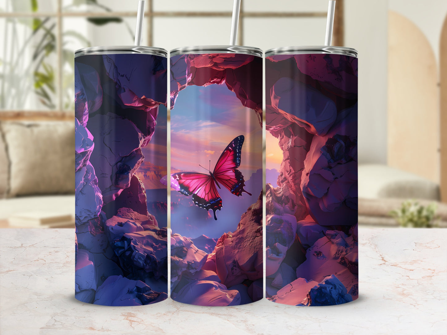 Pink butterfly emerging from a rocky cave opening at sunset.