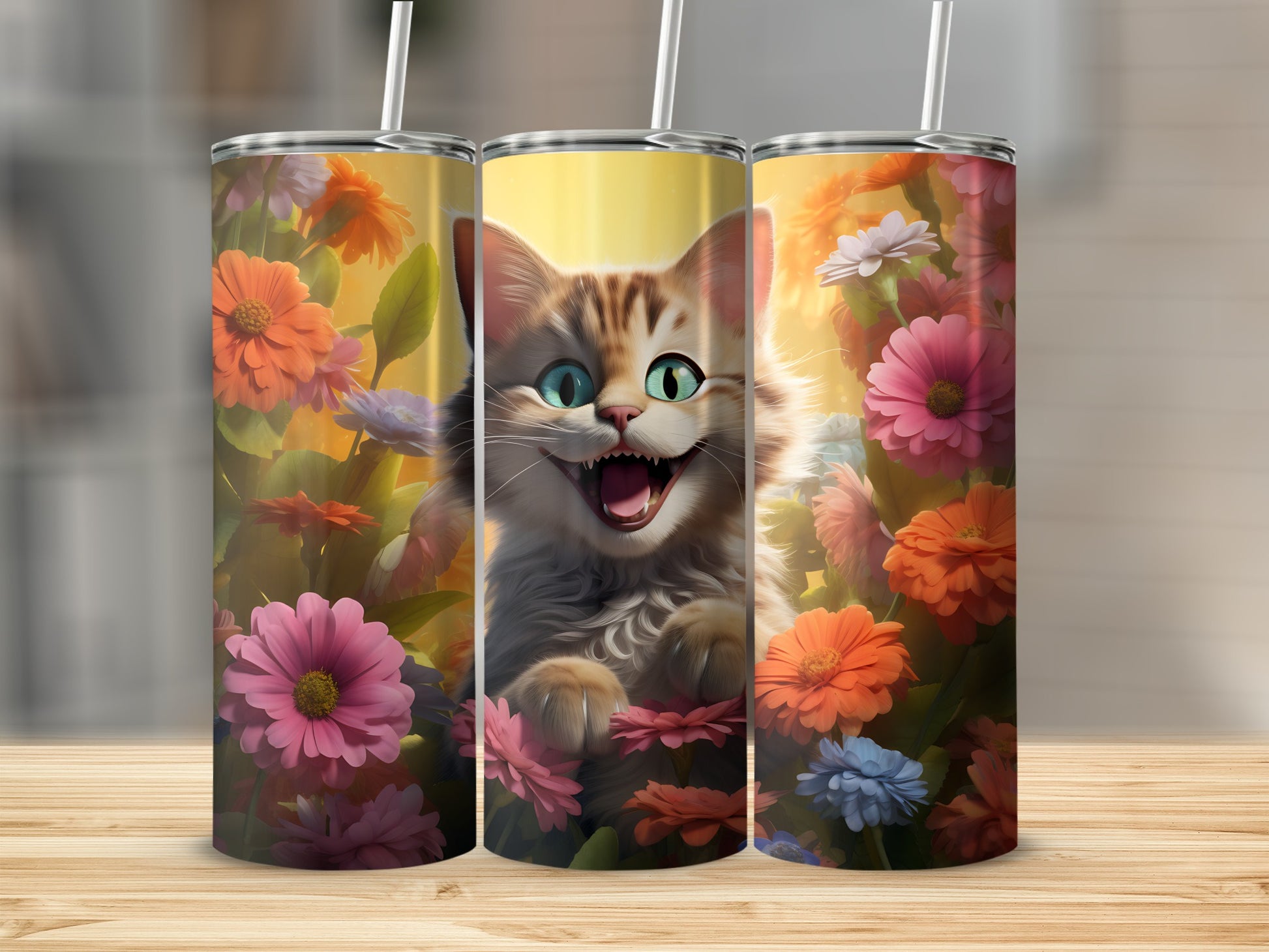 Happy cartoon cat face with blue eyes surrounded by colorful flowers.