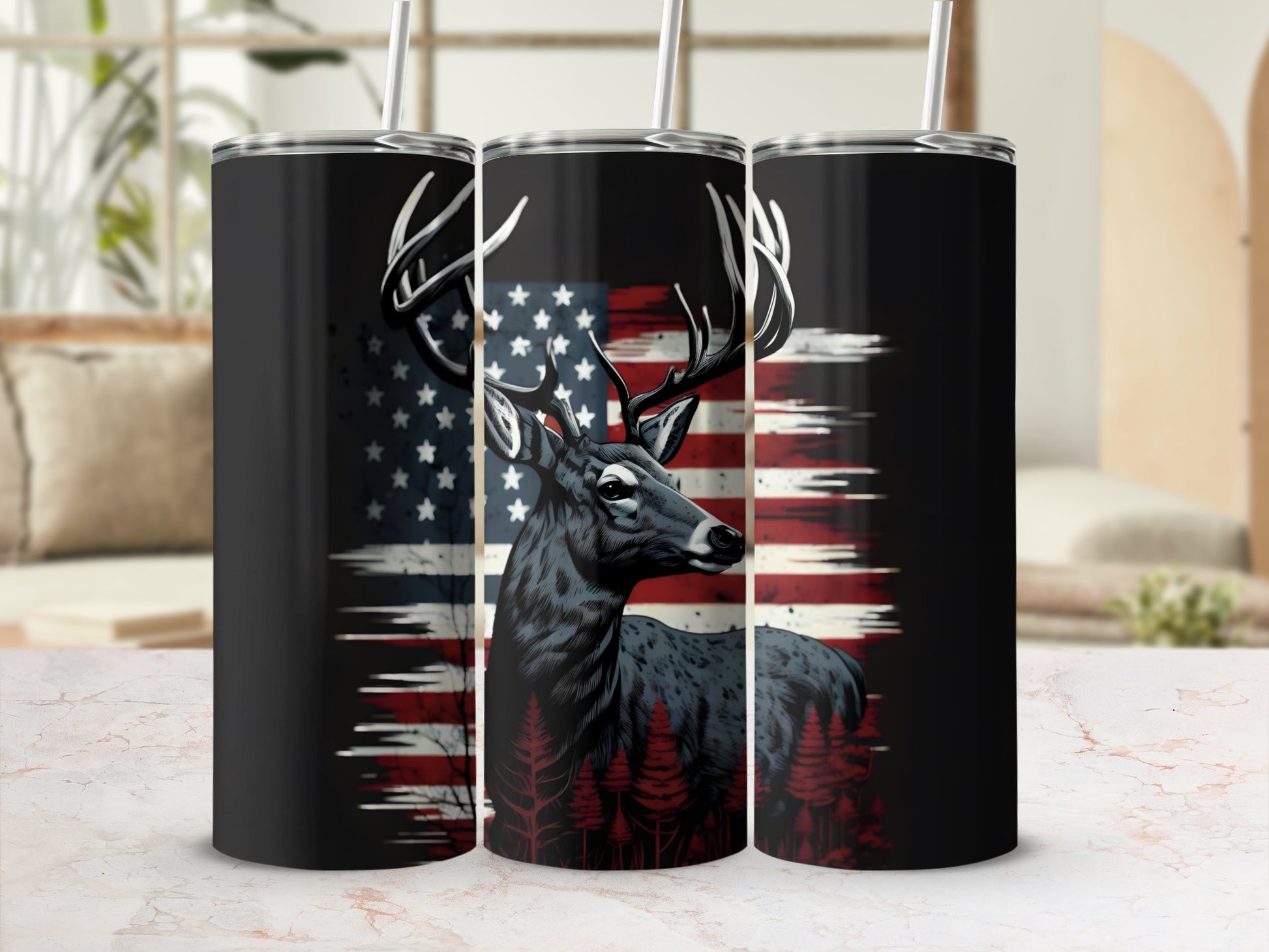 Deer and American flag graphic on three black tumblers.