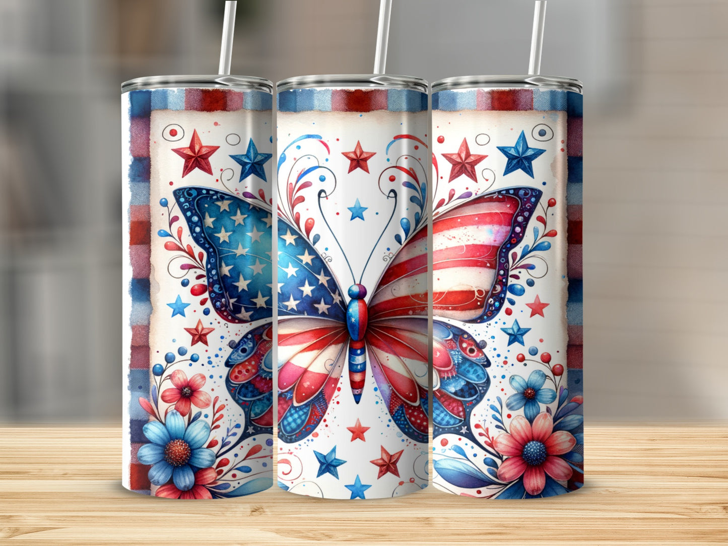 Three patriotic butterfly tumblers with floral accents and stars.