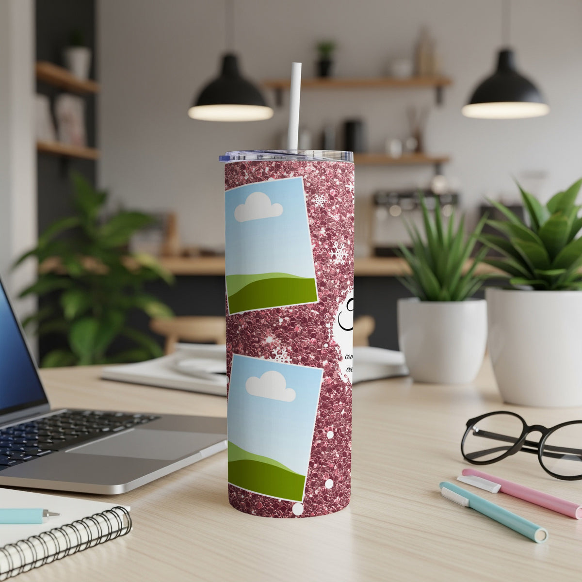 Tumbler with rose gold glitter and photo frames featuring sky and landscape.