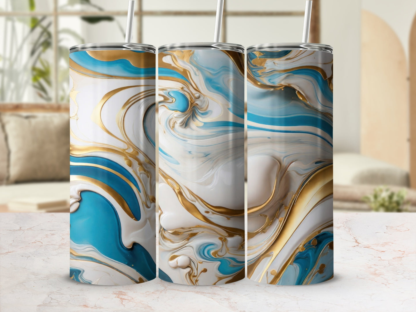 Gold Blue White Liquid Marble Pattern Tumbler product type