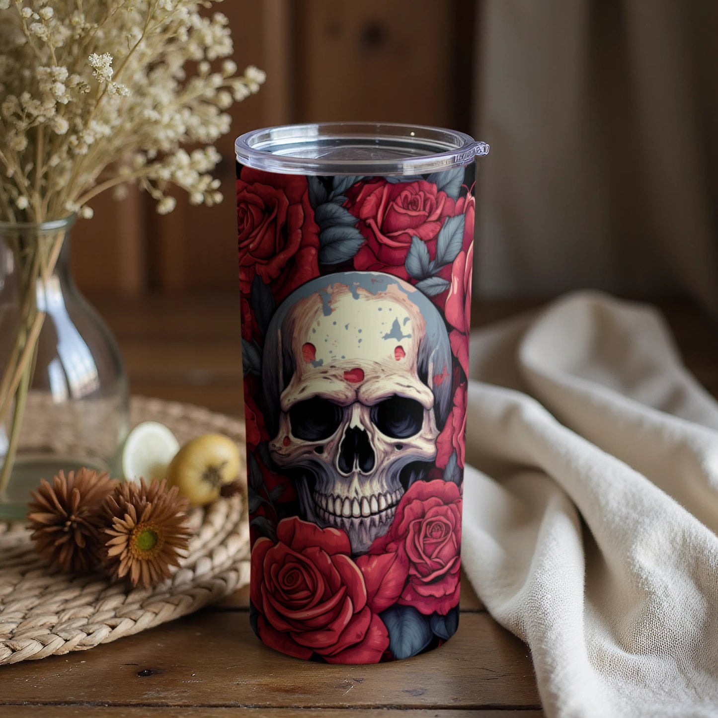 Skull and Roses Insulated Tumbler with Lid Design