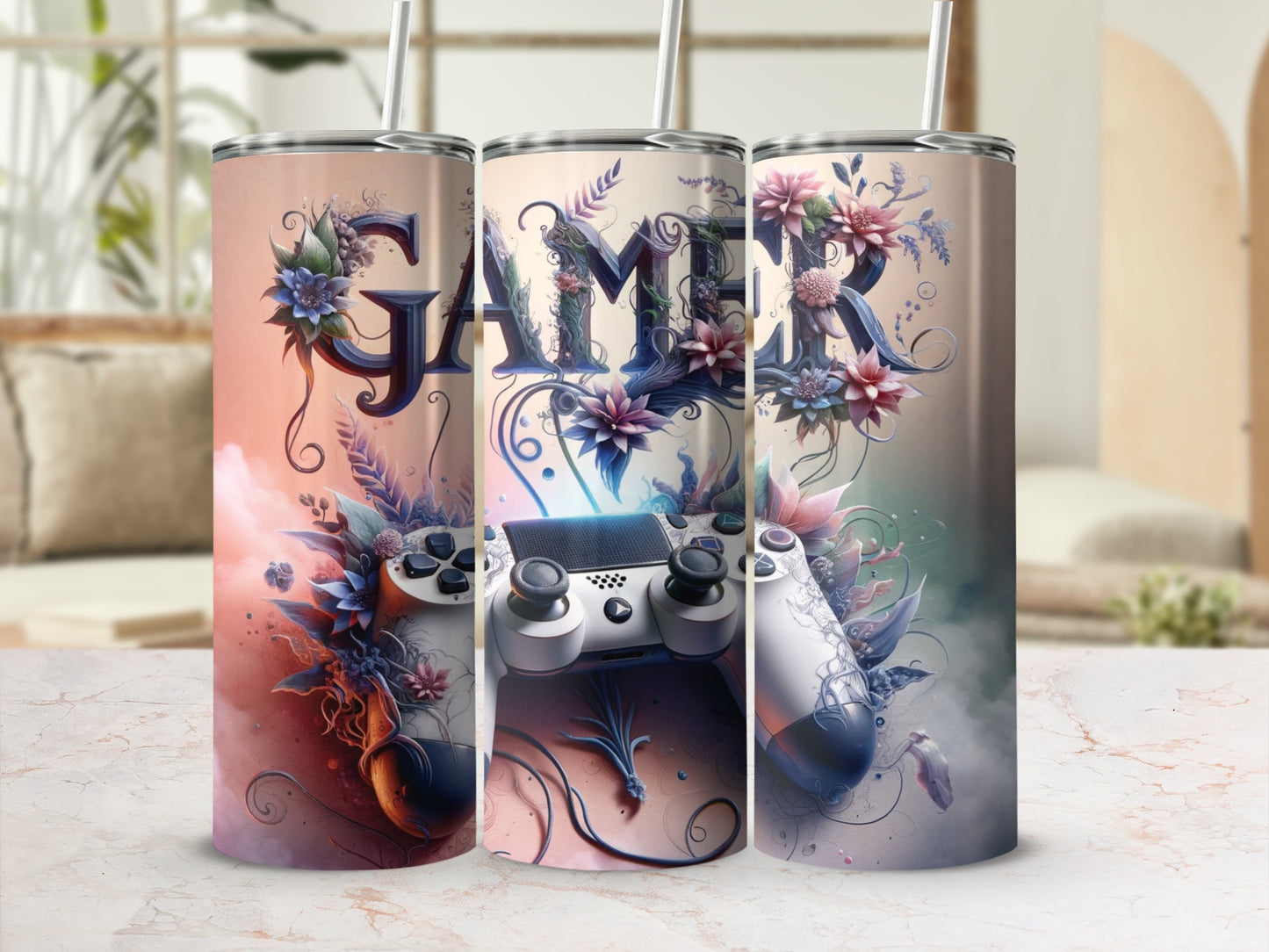 Gaming tumbler with "GAMER" text and floral video game controller design.