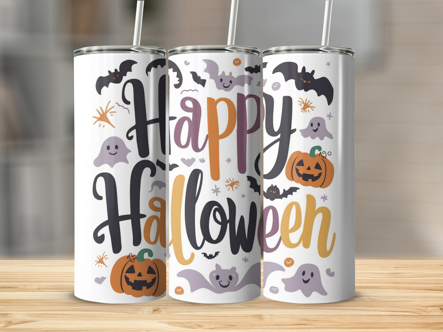 Three tumblers with "Happy Halloween" text and Halloween icons.