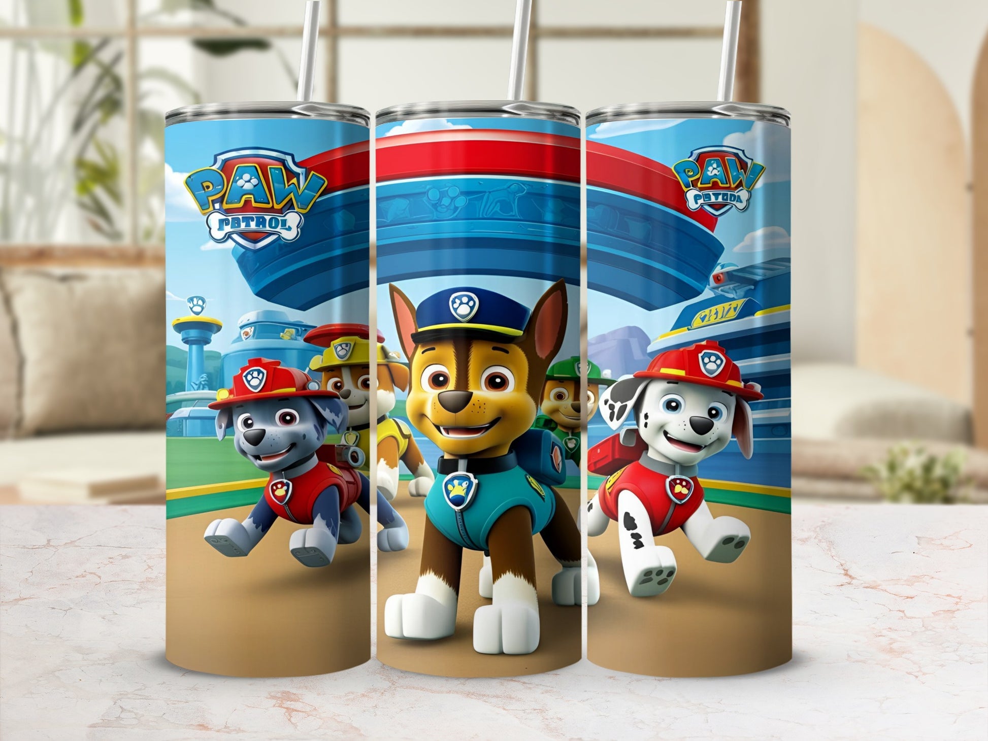 Paw Patrol characters Chase, Marshall, and Rubble on a tumbler.