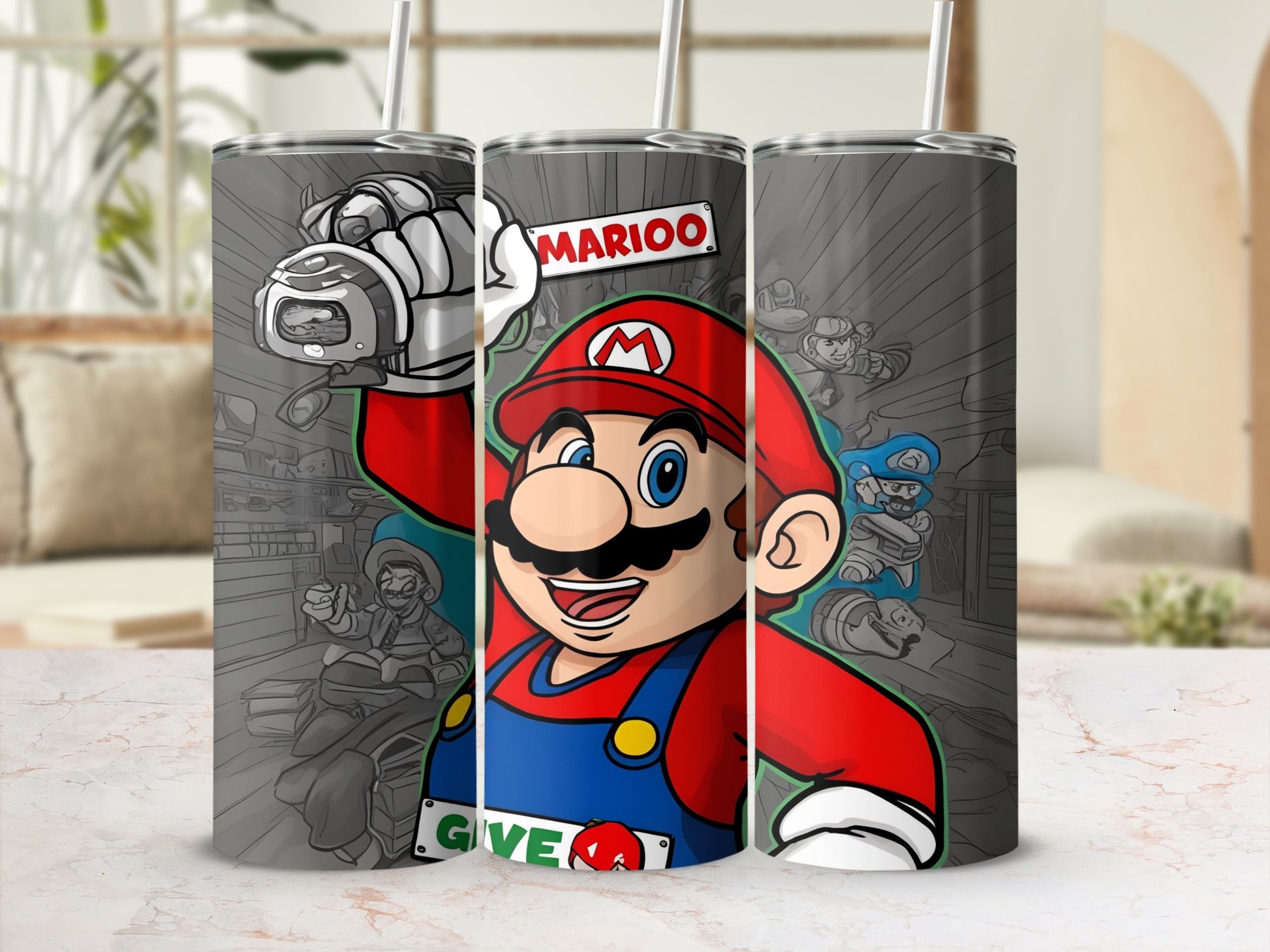 Mario character illustration with "MARIO" and "GIVE" text on a tumbler.