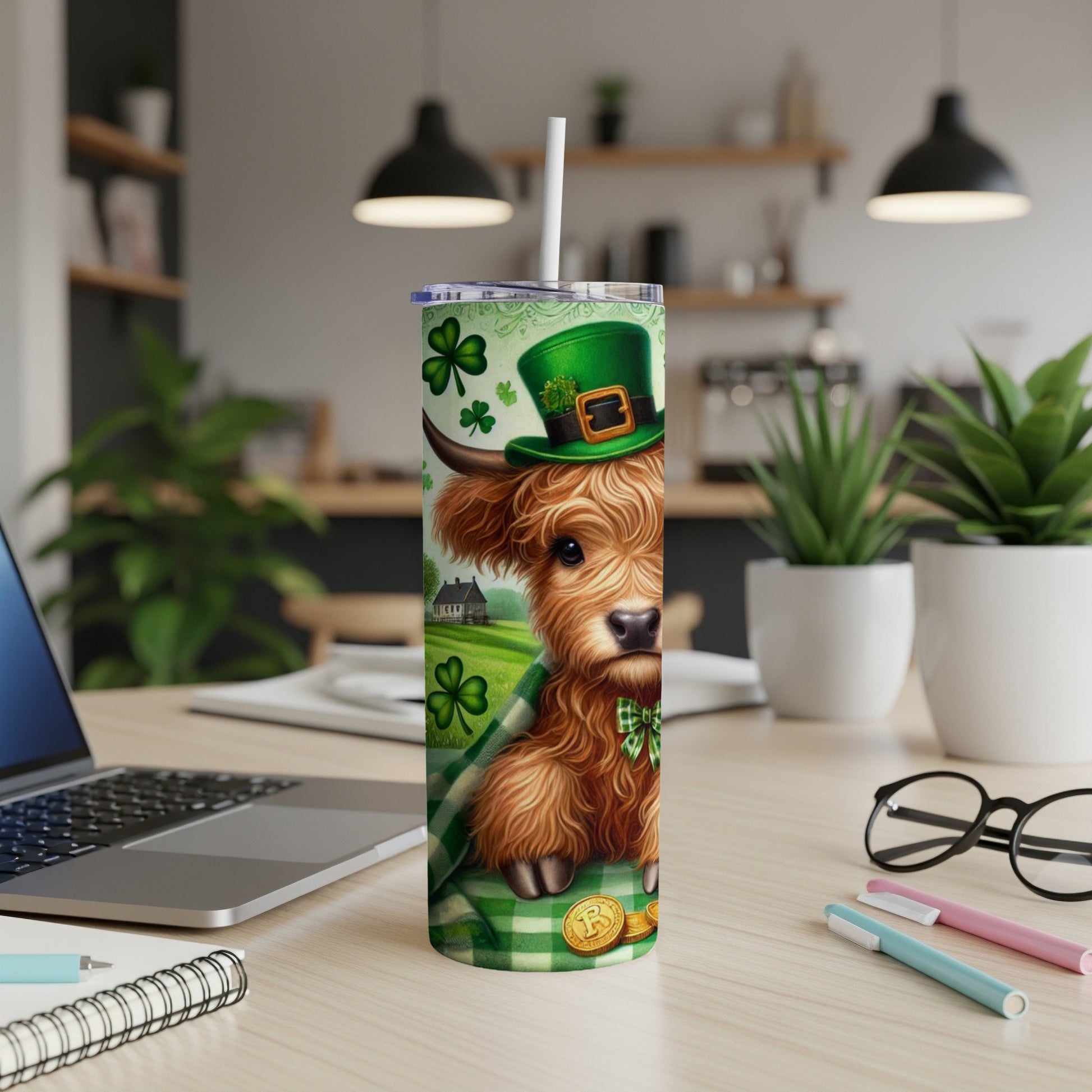 Highland cow in a green hat and bowtie on a St. Patrick's Day tumbler.