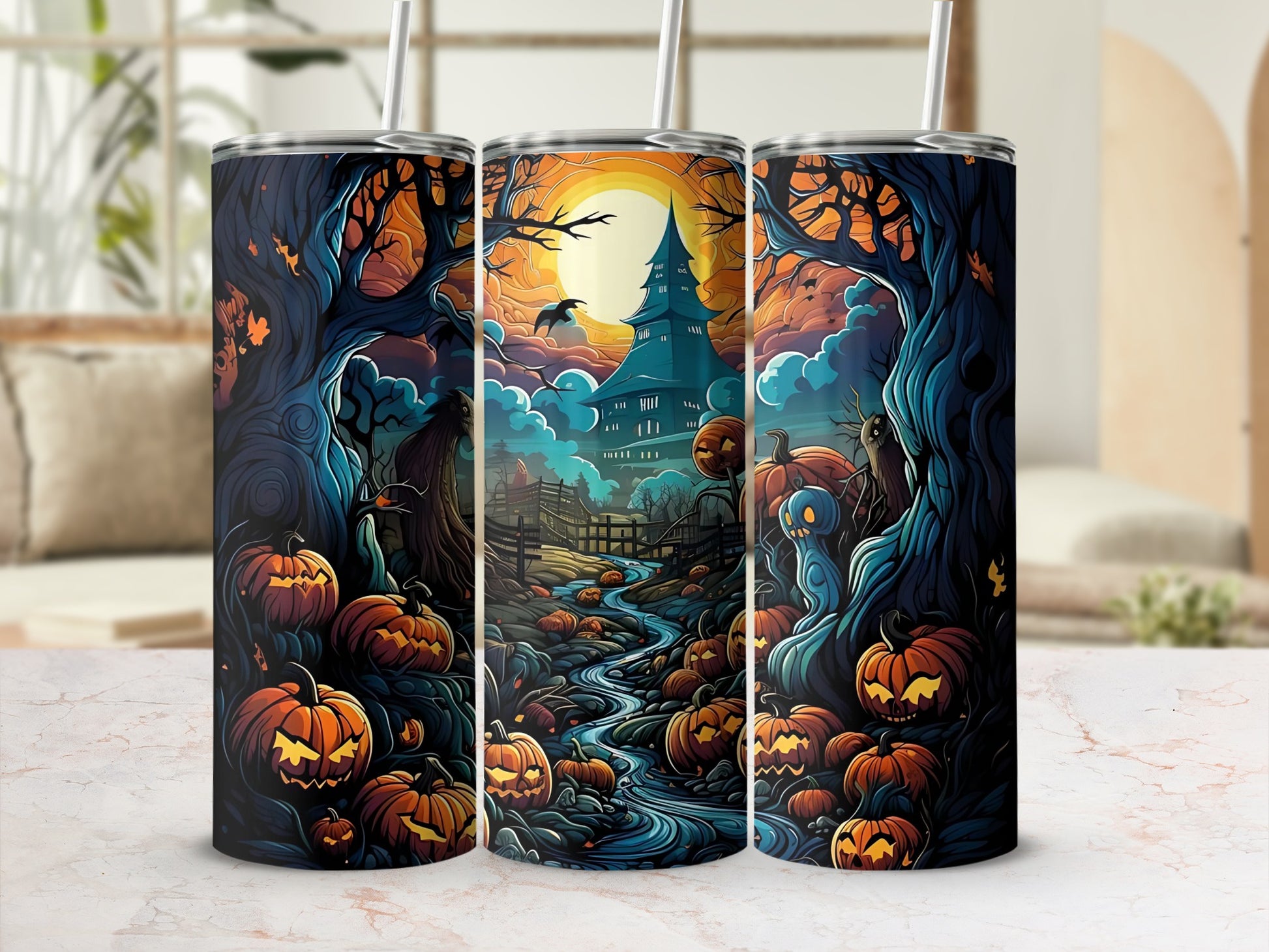 Halloween tumbler with a haunted scene featuring pumpkins, a spooky house, and a ghost.
