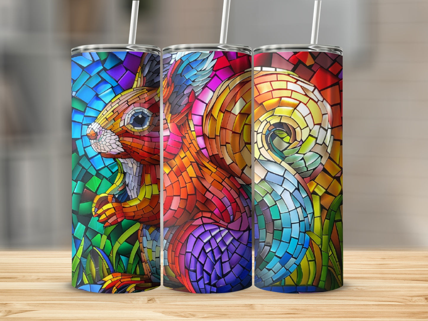 Mosaic squirrel design on three tall, insulated tumblers.