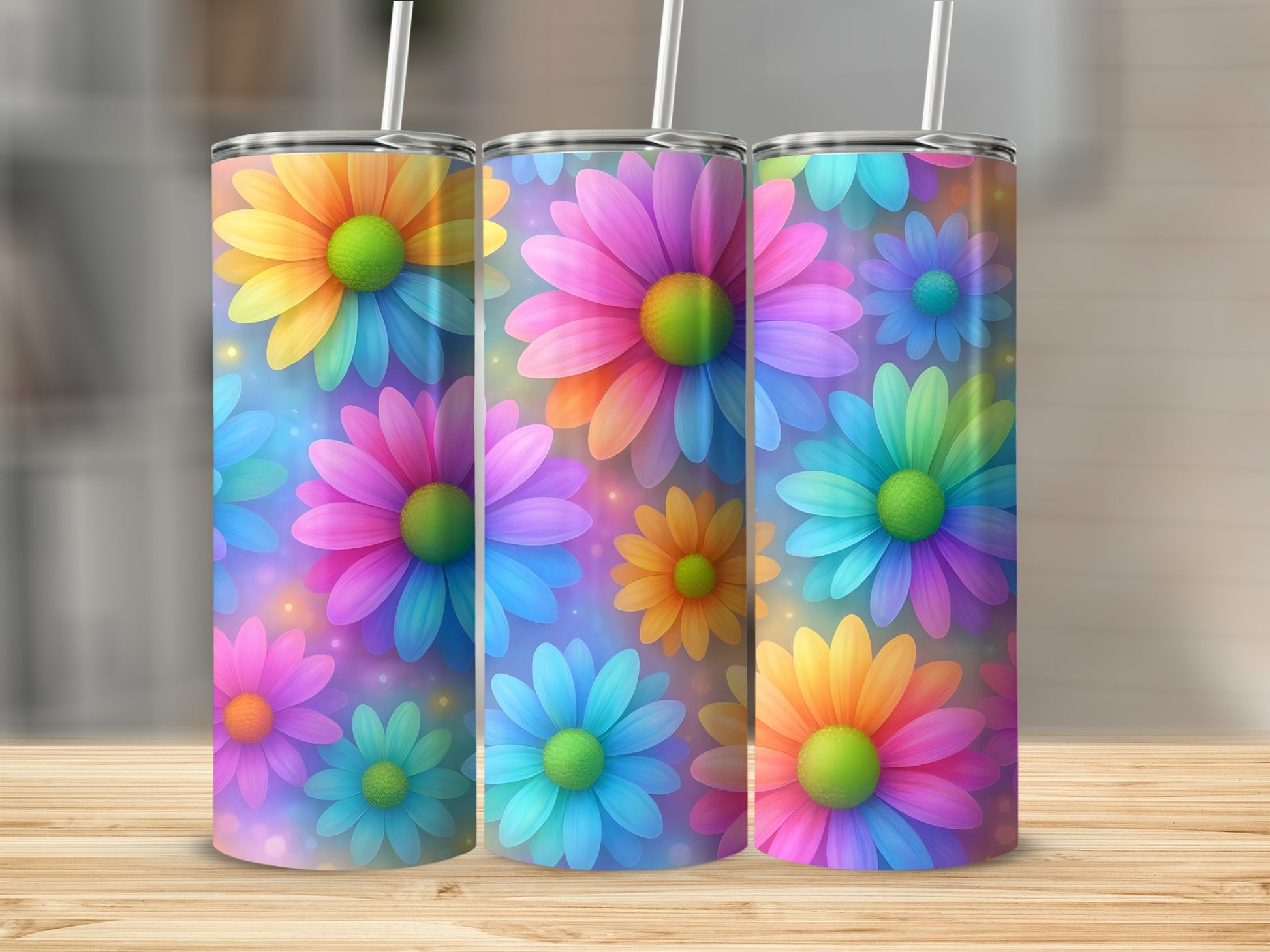 Three tall tumblers with a colorful floral pattern.