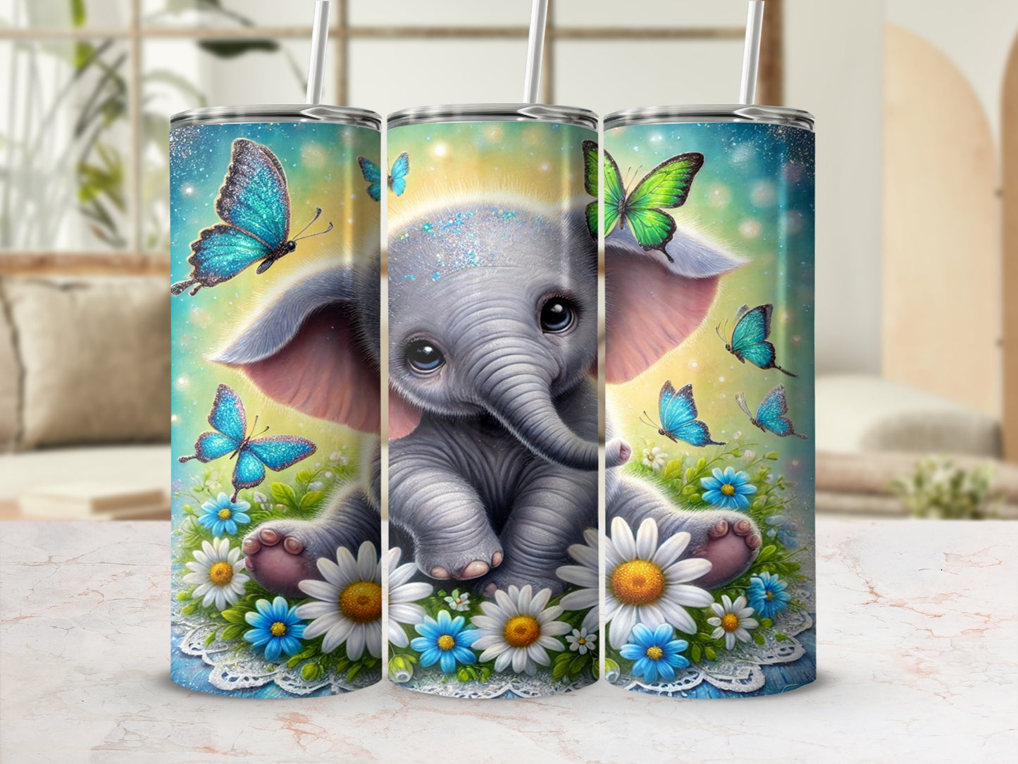 Adorable Elephant with Butterflies and Flowers Tumbler