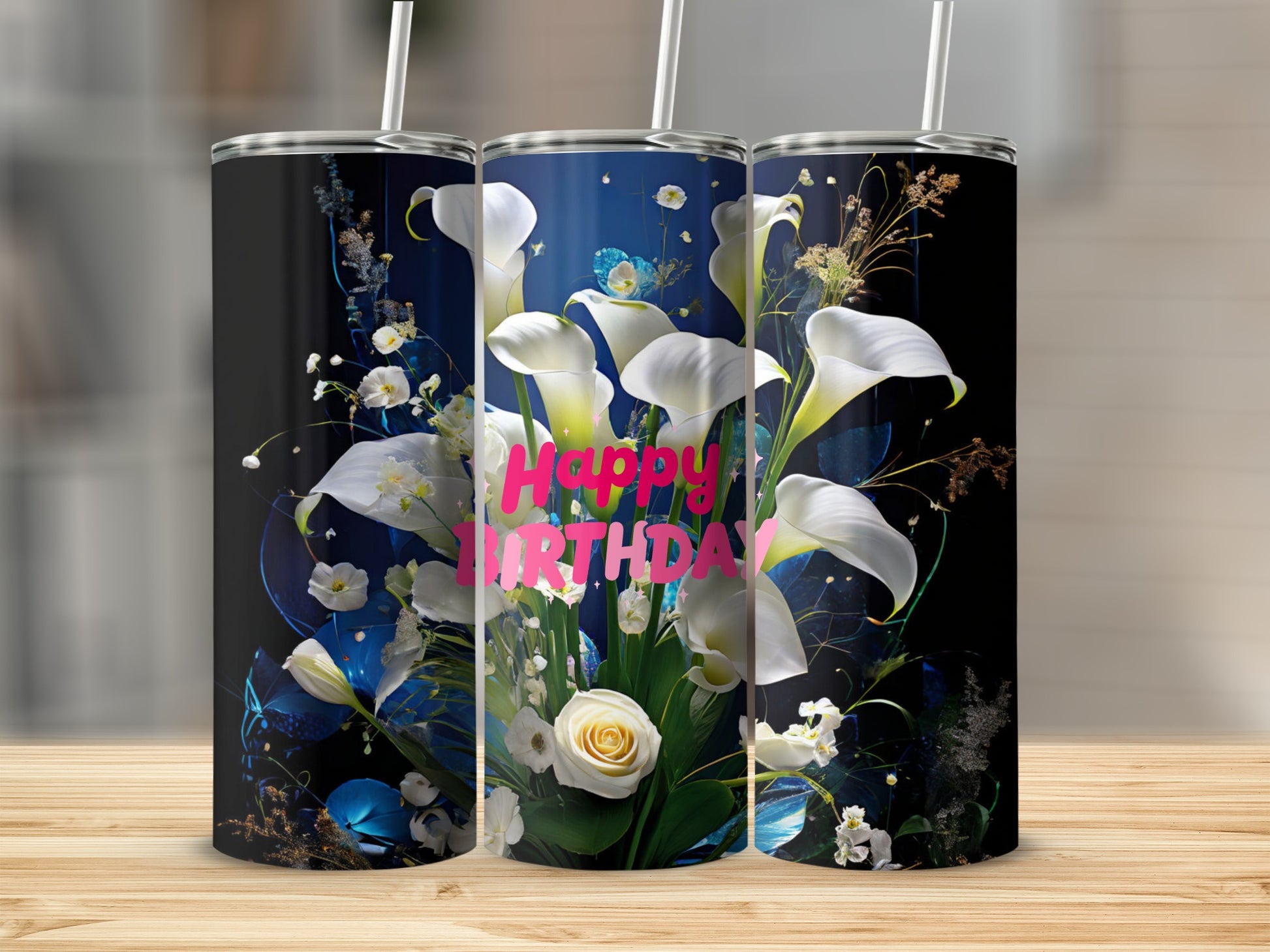 Floral tumbler with white calla lilies, roses, and butterflies, "Happy Birthday" text.