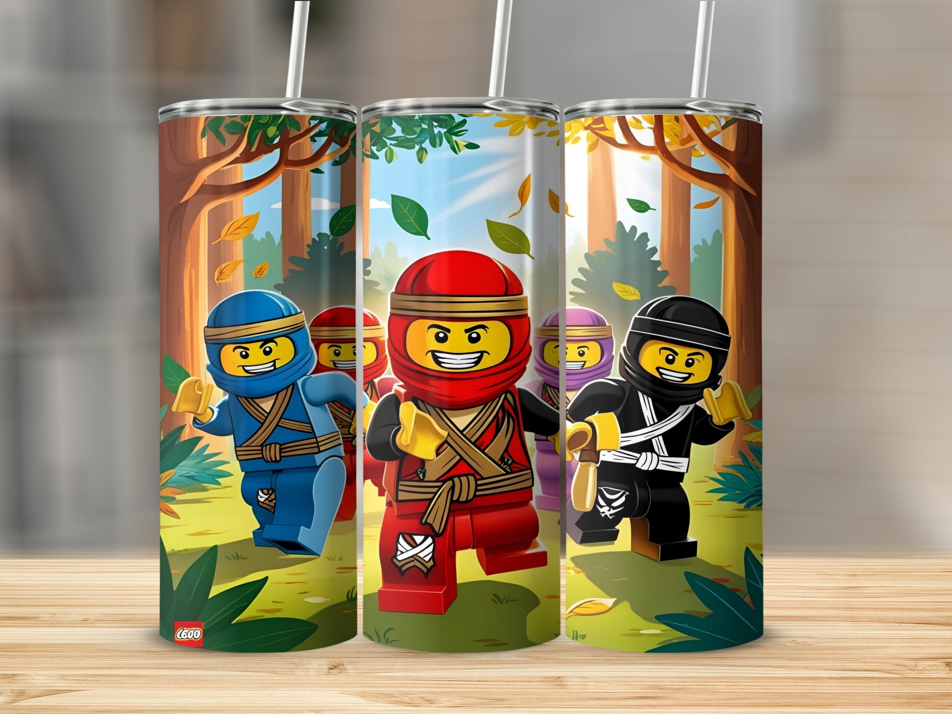 Three Lego Ninjago characters in blue, red, and black running through a forest.