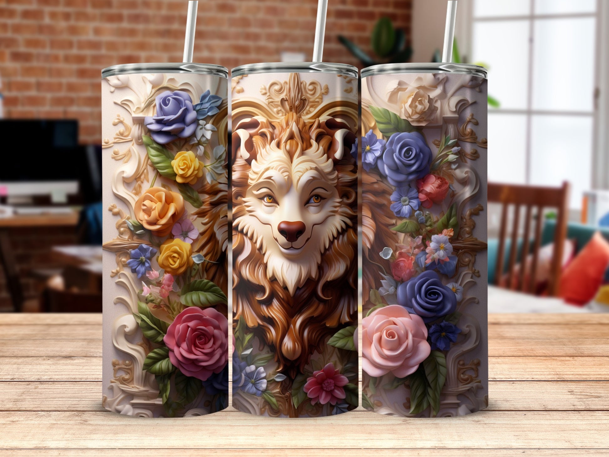 Floral and Lion Art Tumblers for Unique Drinkware