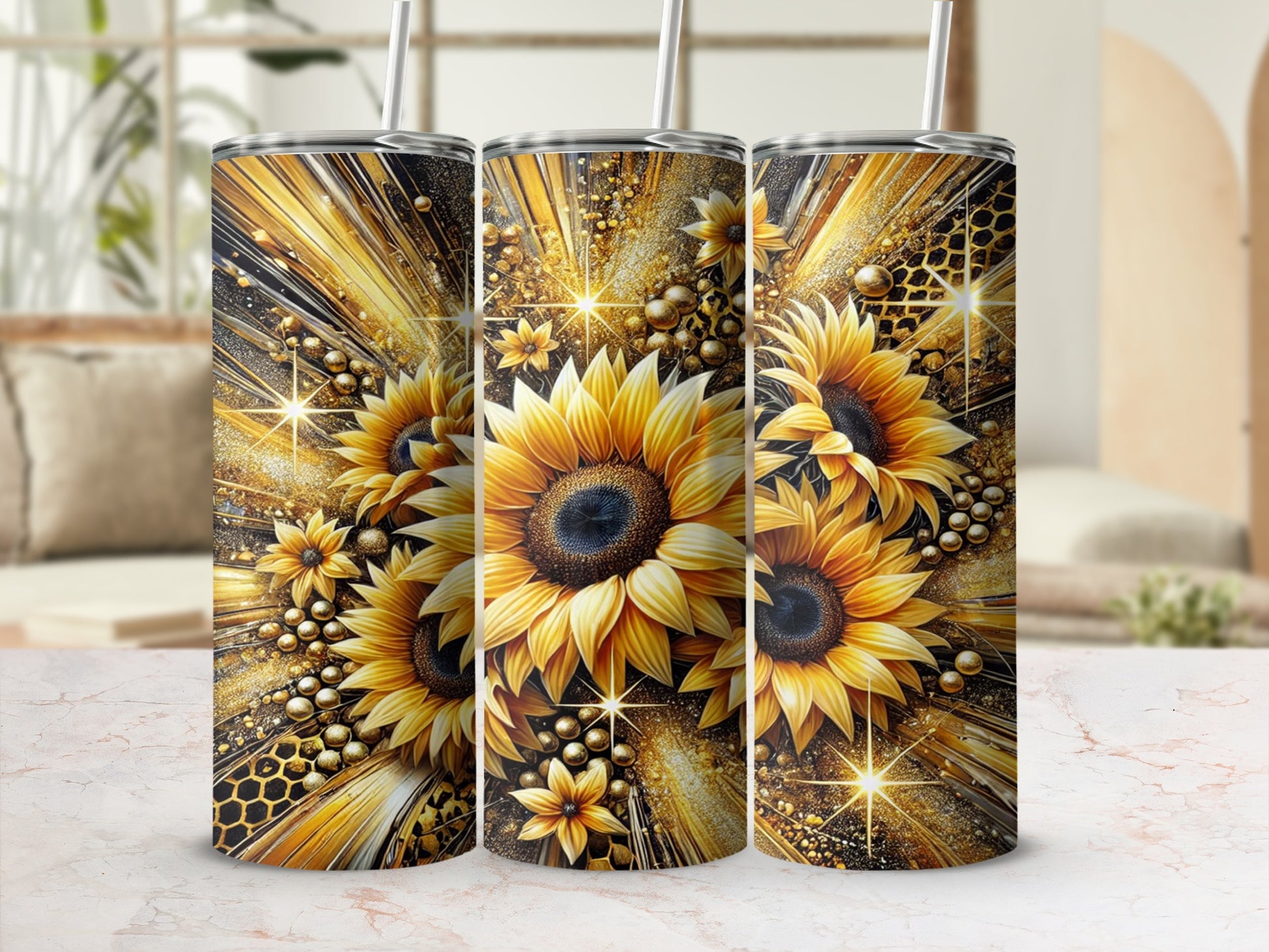 Sunflowers and Golden Patterns Tumbler Design