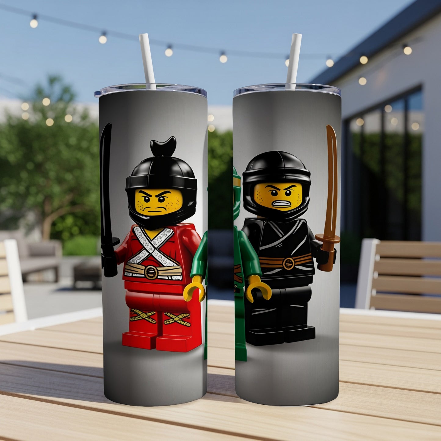Two Lego ninjas in red and green armor with swords.