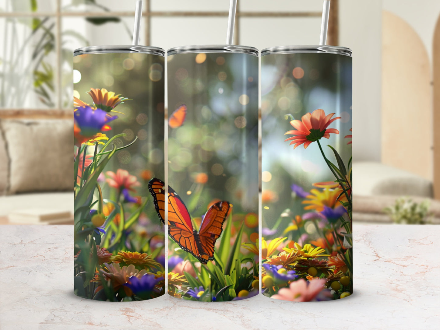 Three tumblers featuring orange butterflies and colorful flowers in a garden.