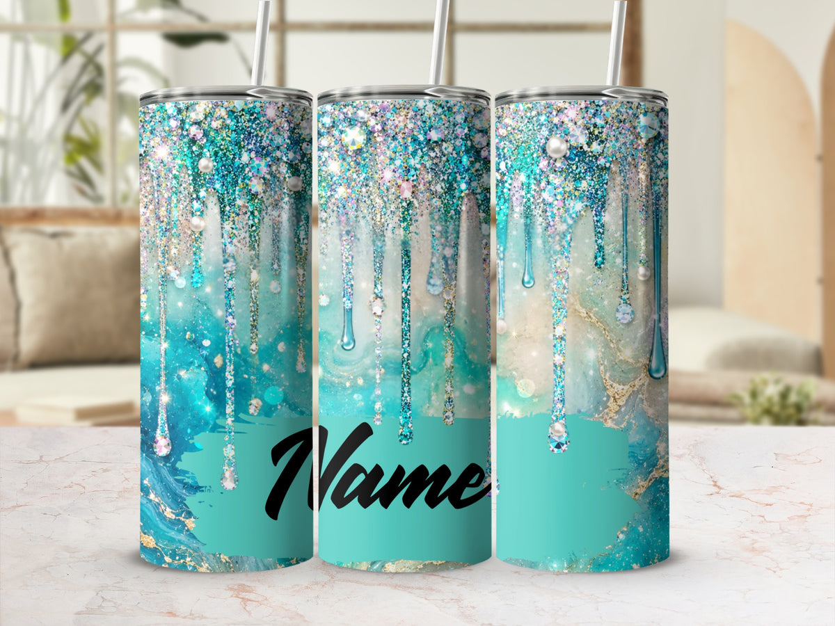 Three tumblers with teal glitter drip design and "Name" text.