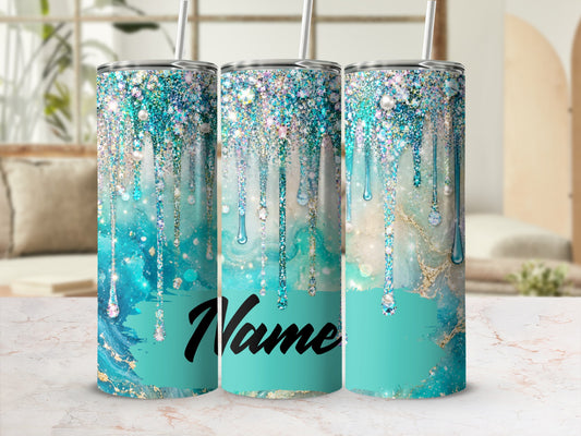 Three tumblers with teal glitter drip design and "Name" text.