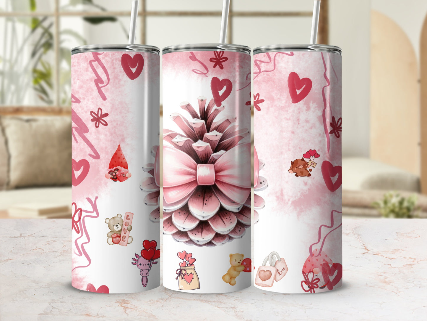 Cute Pink Pinecone and Heart Design Tumbler