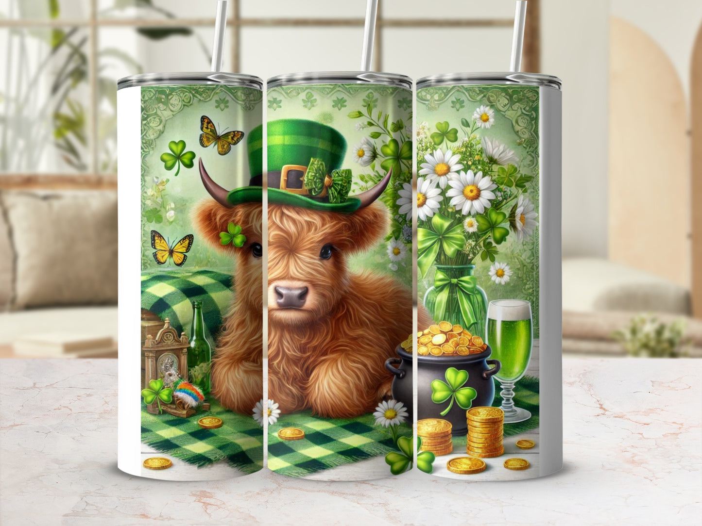 Highland cow in St. Patrick's Day hat with shamrocks, gold coins, and butterflies.