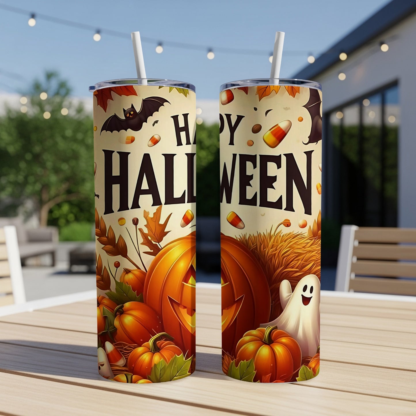 Two tumblers with a Happy Halloween design featuring pumpkins, bats, ghosts, and candy corn.